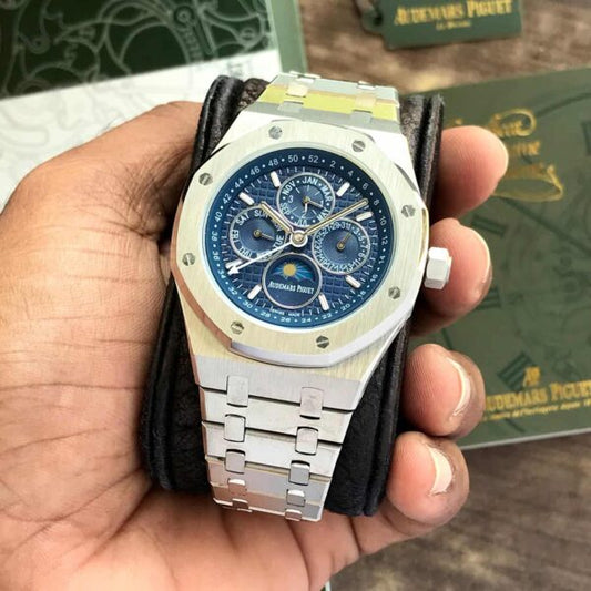 Audemars Piguet Perpetual Calendar Open Worked Silver Blue Dial Automatic Mens Watch - Watch Studio