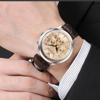 Emporio Armani AR2433 Firstcopy Beige Dial Brown Leather Chronograph Men's Watch