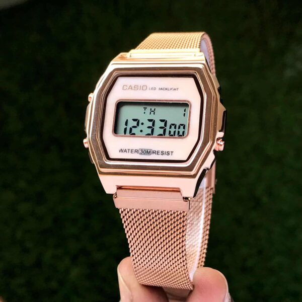 Casio Vintage firstcopy A700WM-7ADF Rosegold White Digital Dial Mesh Band Watch