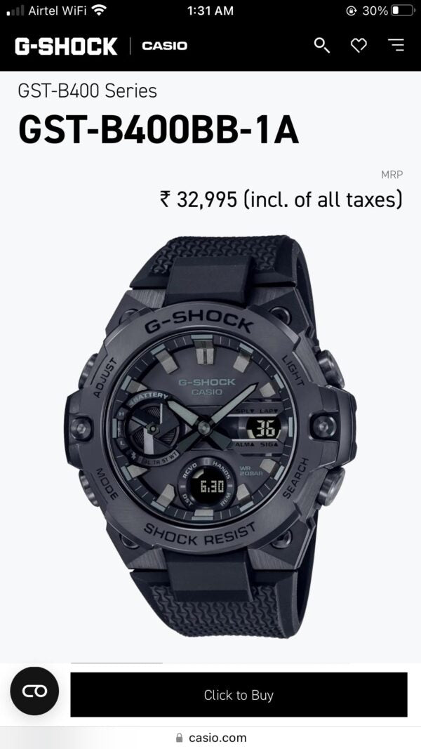 Casio G-Shock firstcopy B-400 Round Full Black Men’s Watch