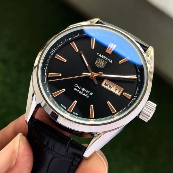 Tag Heuer Grand Carrera Calibre 5 Day Date Black Dial Black Leather Automatic Mens Watch firstcopy