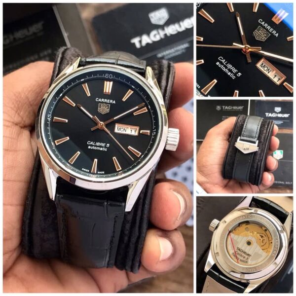 Tag Heuer Grand Carrera Calibre 5 Day Date Black Dial Black Leather Automatic Mens Watch firstcopy
