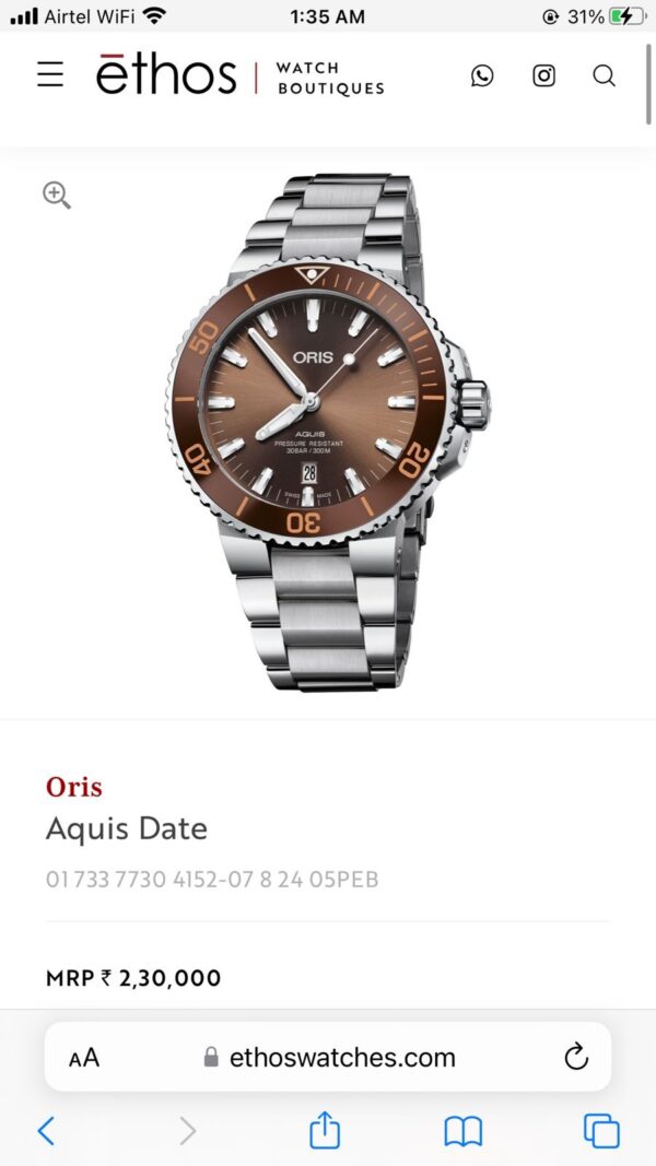 Oris Aquis Date Silver Brown Dial Men’s Sports Firstcopy Replica ETA Watch