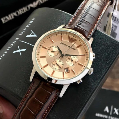 Emporio Armani AR2433 Firstcopy Beige Dial Brown Leather Chronograph Men's Watch