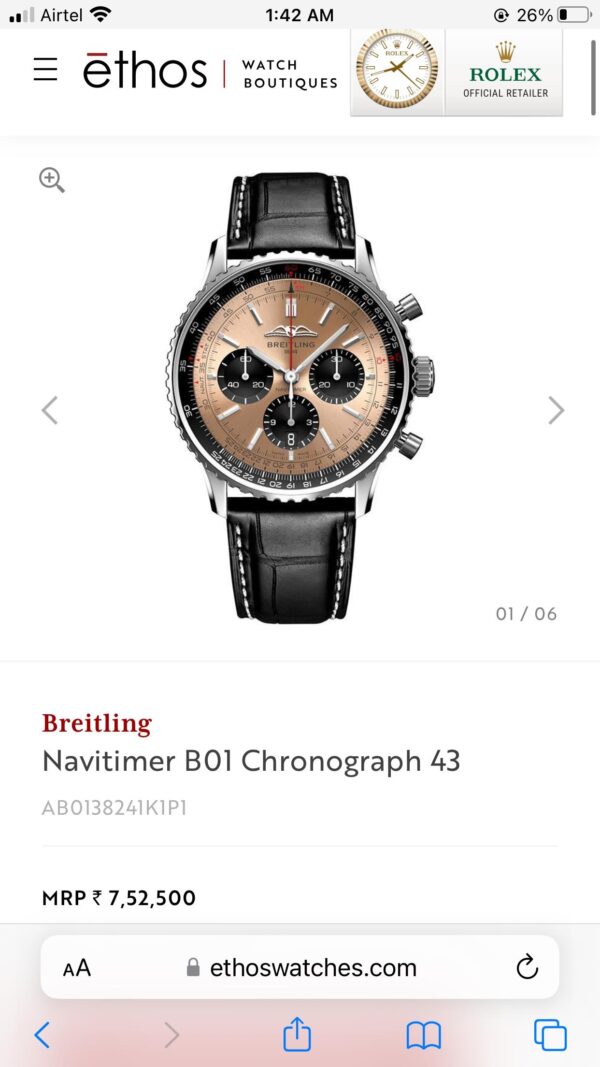 Breitling Navitimer B01 Firstcopy Brown Dial Black Leather Chronograph Men's Watch