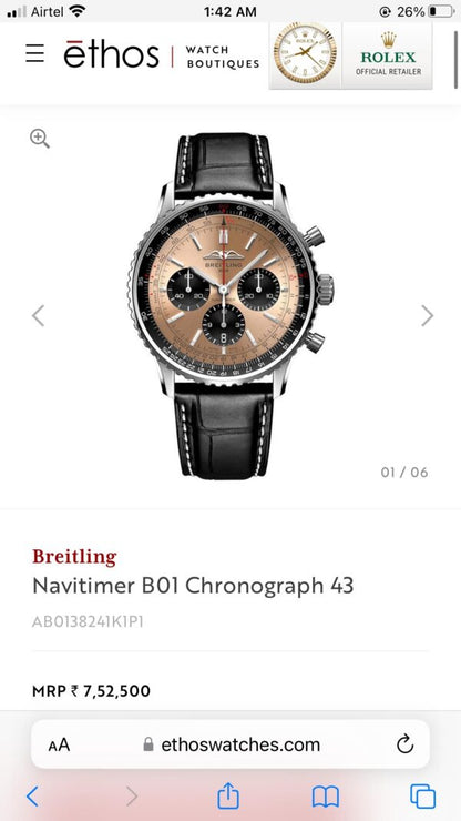Breitling Navitimer B01 Firstcopy Brown Dial Black Leather Chronograph Men's Watch