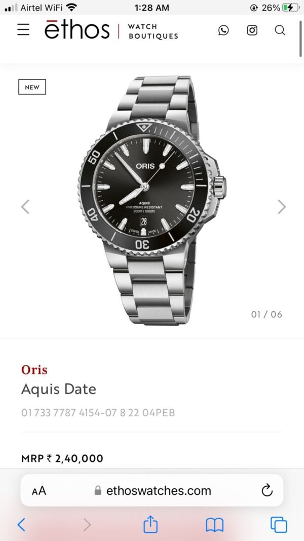 Oris Aquis Date Silver Black Dial Men’s Sports Firstcopy Replica Watch