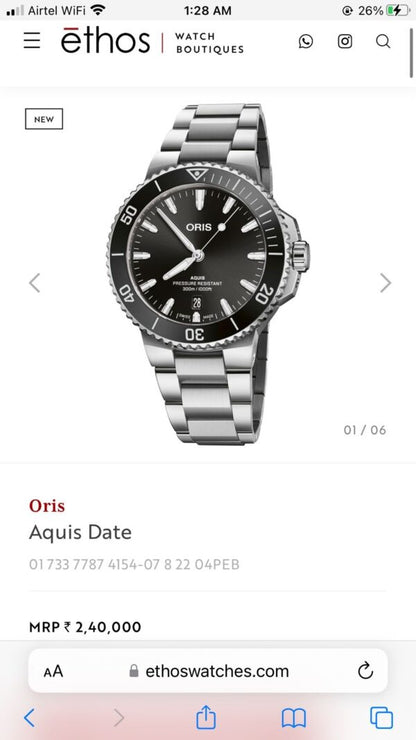 Oris Aquis Date Silver Black Dial Men’s Sports Firstcopy Replica Watch