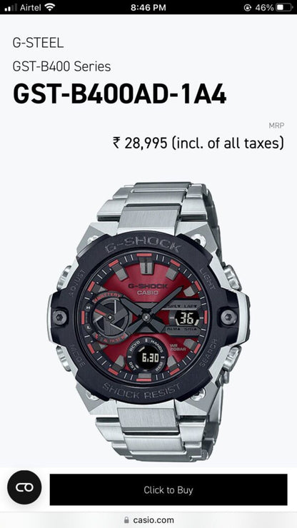 Casio G-Shock G-Steel firstcopy GST-B400 Stainless Steel Red Dial Men’s Watch