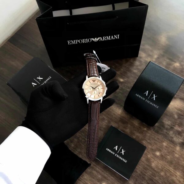 Emporio Armani AR2433 Firstcopy Beige Dial Brown Leather Chronograph Men's Watch