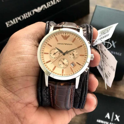 Emporio Armani AR2433 Firstcopy Beige Dial Brown Leather Chronograph Men's Watch