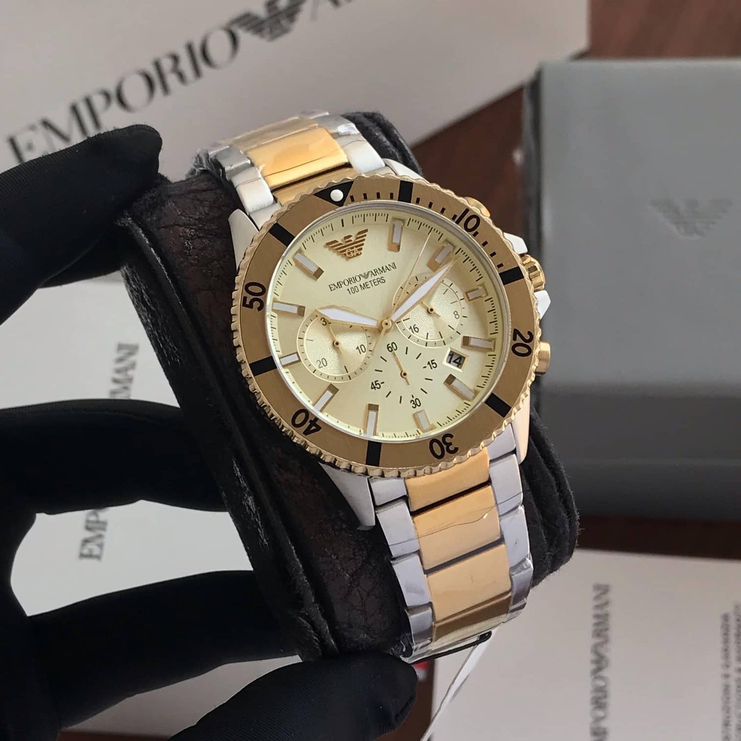 Emporio Armani AR11606 Firstcopy Yellow Gold Dial Chronograph Men's Watch