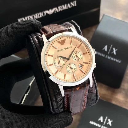 Emporio Armani AR2433 Firstcopy Beige Dial Brown Leather Chronograph Men's Watch
