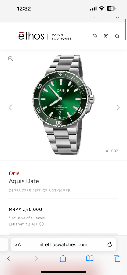 Oris Aquis Date Authentic Silver Green Dial Automatic Mens ETA Watch