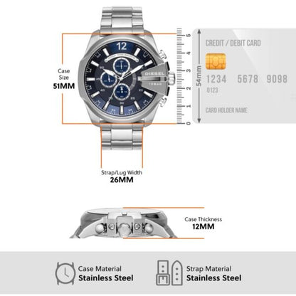 Diesel Mega Chief firstcopy DZ4417 Silver Blue Chronograph Men’s Watch