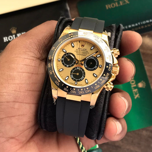 Rolex Daytona Cosmograph Yellow Gold Dial Black Rubber Strap Japanese Automatic Mens Watch firstcopy