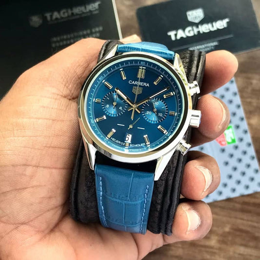 Tag Heuer Grand Carrera Blue Dial Blue Leather Strap Japanese Mens Watch firstcopy