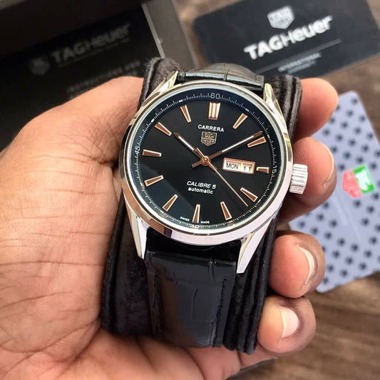 Tag Heuer Grand Carrera Calibre 5 Day Date Black Dial Black Leather Automatic Mens Watch firstcopy