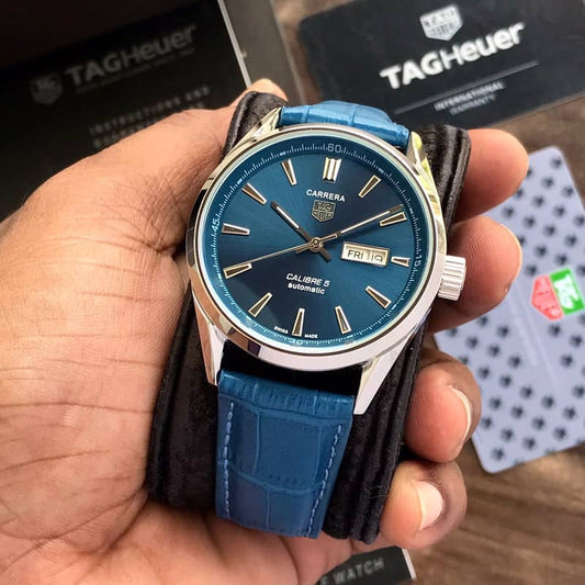 Tag Heuer Grand Carrera Calibre 5 Day Date Blue Dial Blue Leather Automatic Mens Watch firstcopy