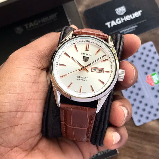 Tag Heuer Grand Carrera Calibre 5 Day Date White Copper Dial Brown Leather Automatic Mens Watch firstcopy