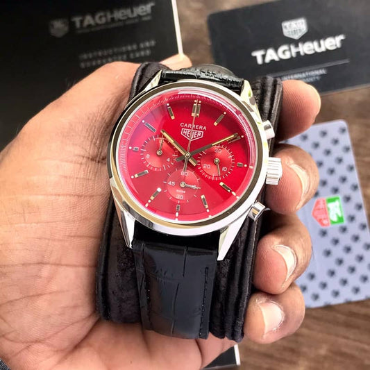 Tag Heuer Grand Carrera Red Dial Black Leather Strap Japanese Mens Watch firstcopy